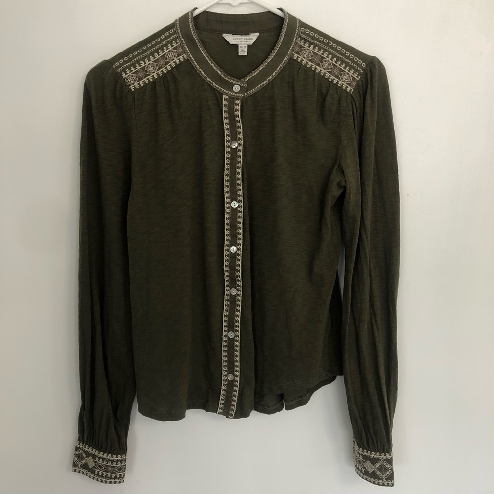 LUCKY BRAND Women Olive Green Embroidery Detail Long Sleeve Blouse Sz XS
